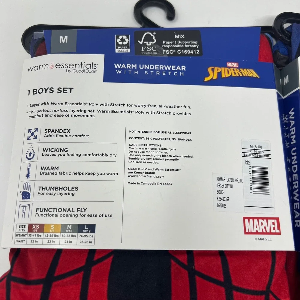 LOT of 2 Cuddl Duds Warm Essentials Spider-Man Thermal Underwear Boys M 8/10